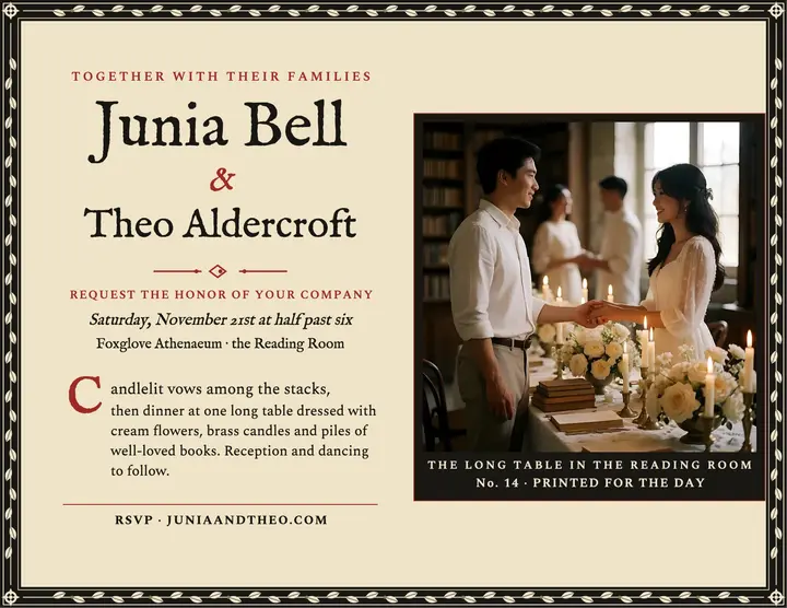 Junia and Theo library wedding invitation template