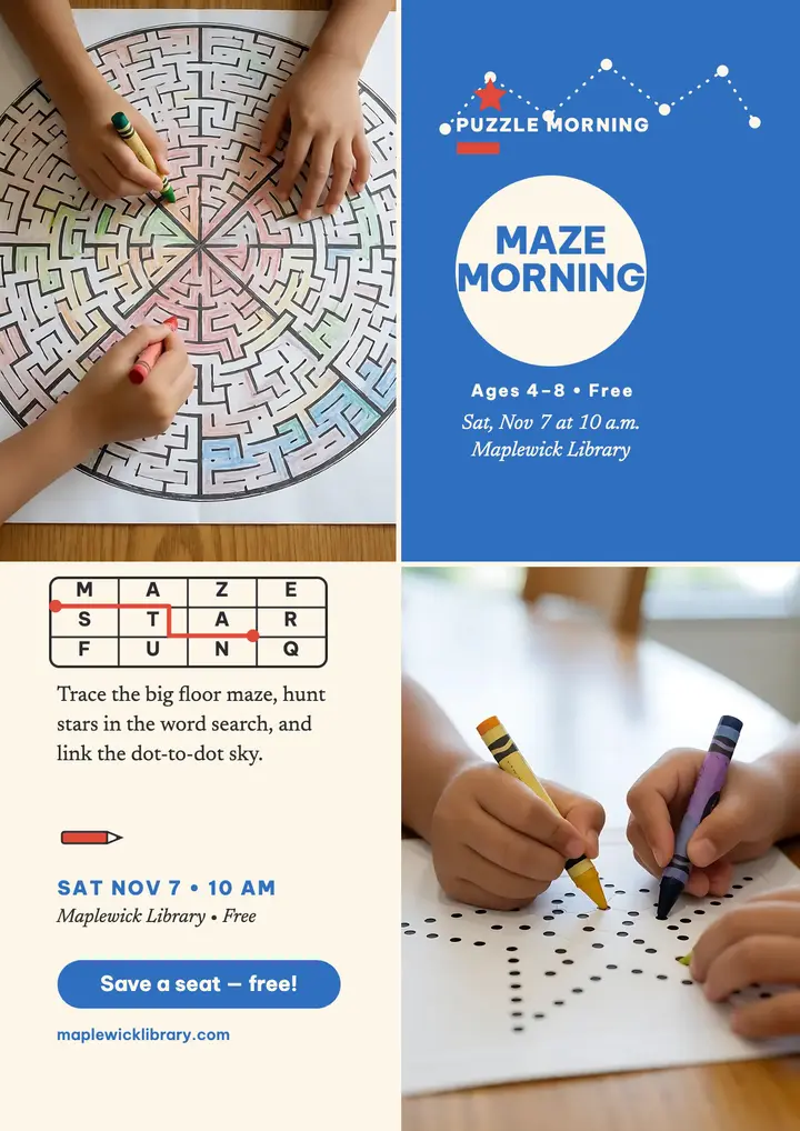 Maplewick Library puzzle morning flyer: puzzle morning flyer template