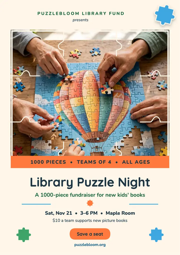 Puzzlebloom library puzzle night flyer template