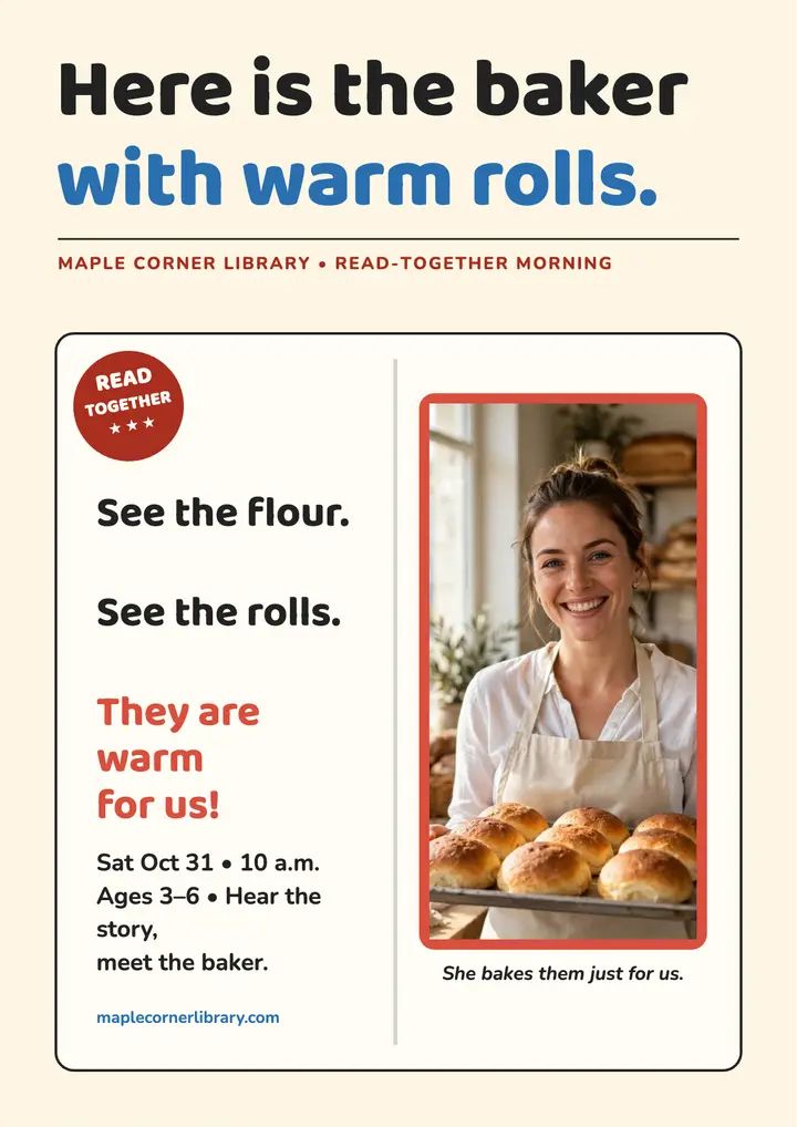 Maple Corner read-together baker flyer: library storytime flyer template