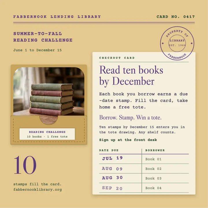 Fabbernook library reading challenge checkout card post template