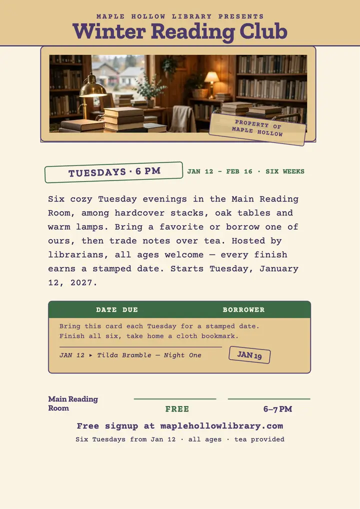 Maple Hollow Winter Reading Club checkout flyer template