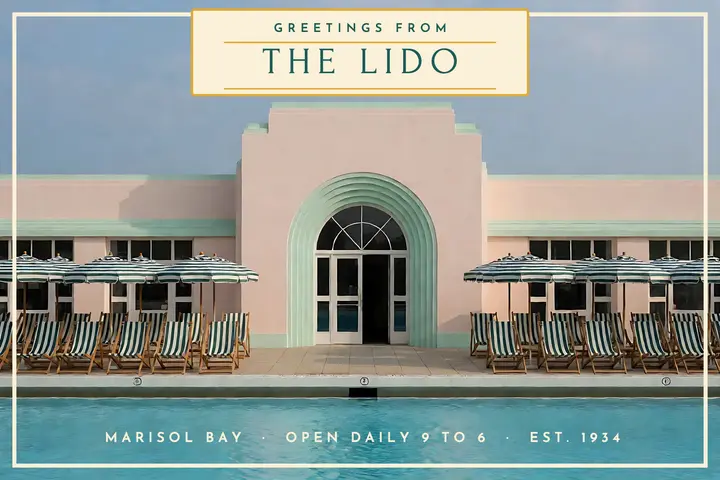 Greetings from the Marisol Bay Lido postcard, storybook symmetry template