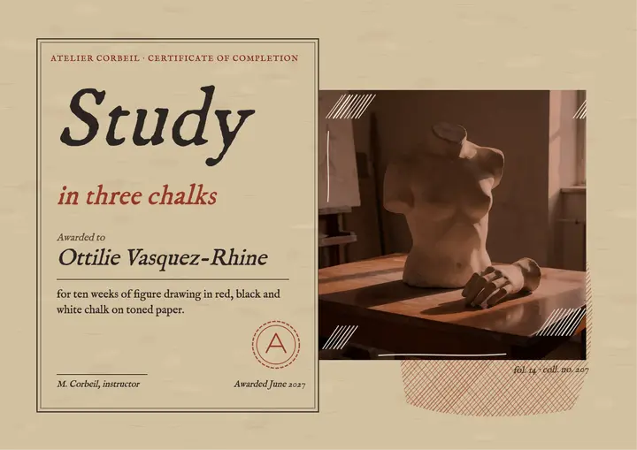Atelier Corbeil life drawing certificate: drawing course certificate template