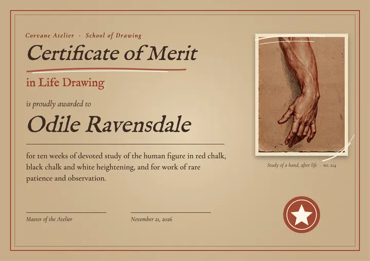Corvane Atelier life drawing certificate of merit template