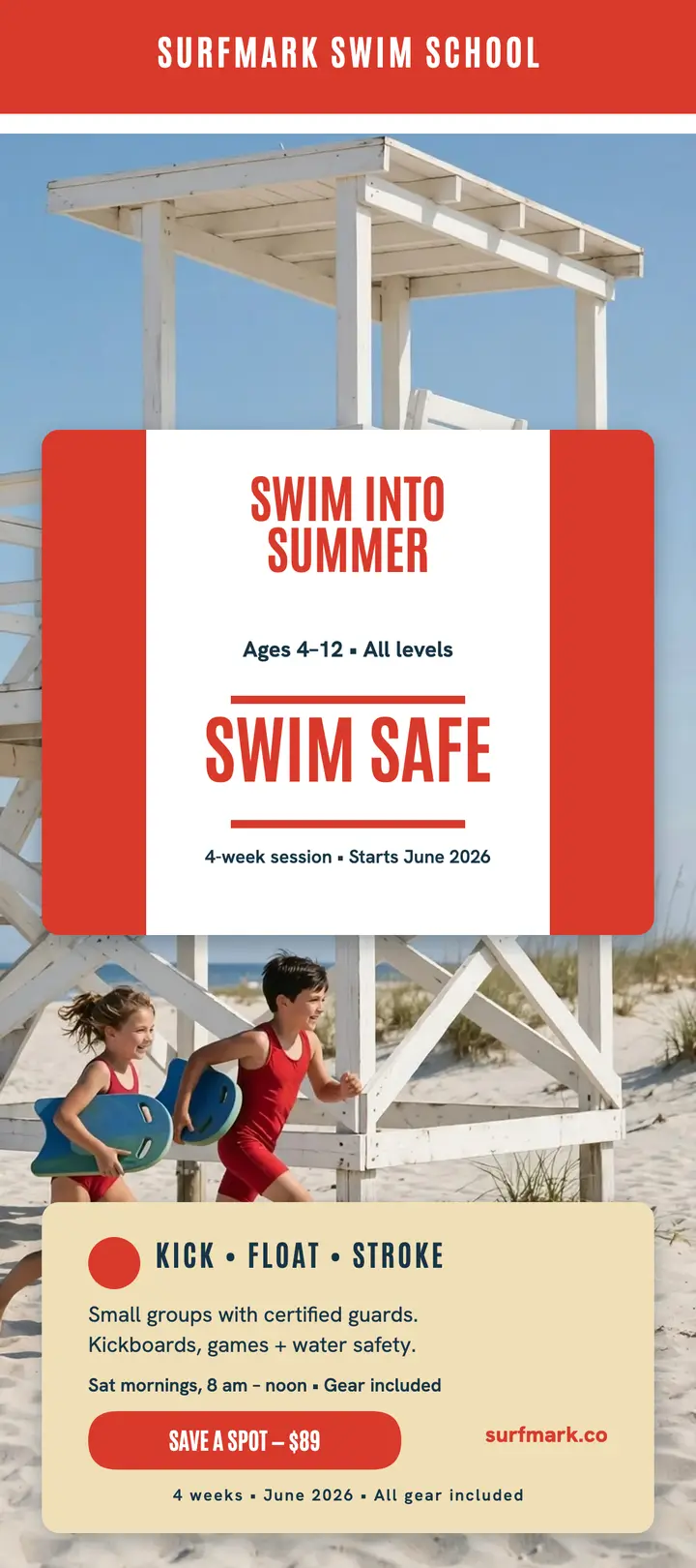 Surfmark swim lessons summer rack card template