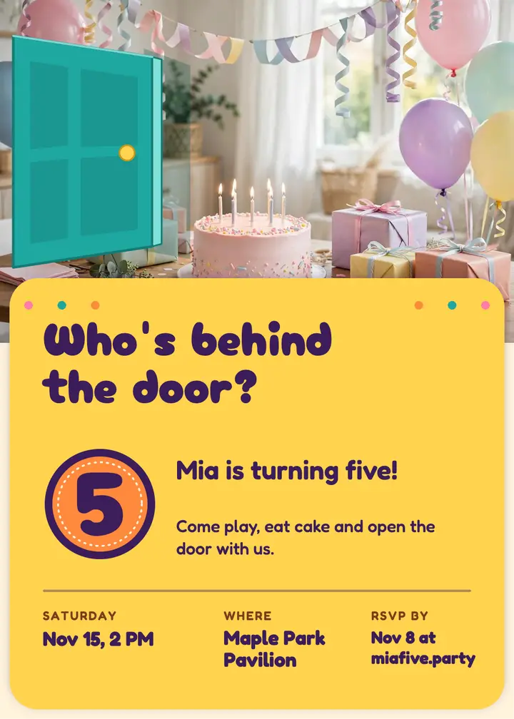 Mia turns five lift-the-flap invitation template