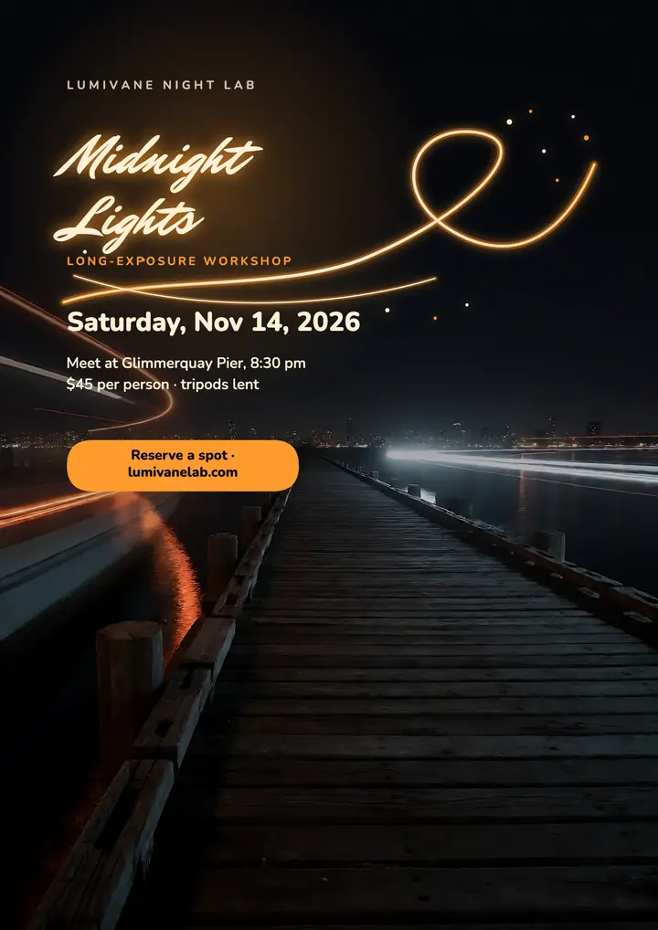 Light painting night workshop flyer, glowing script: night photography workshop flyer template