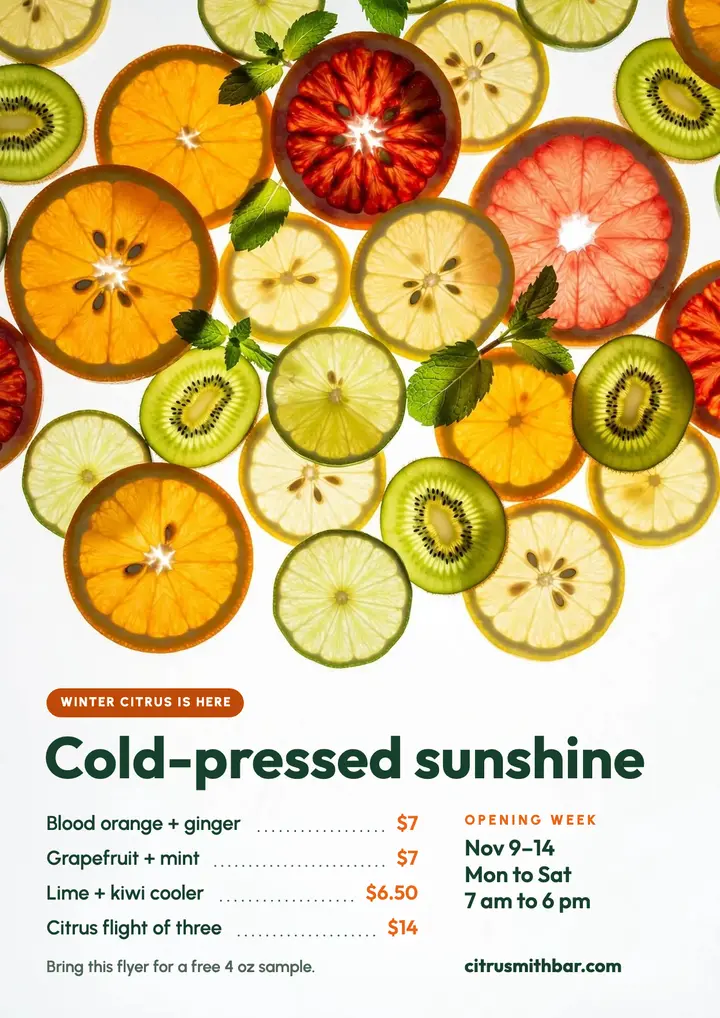 Citrusmith winter citrus juice bar flyer template