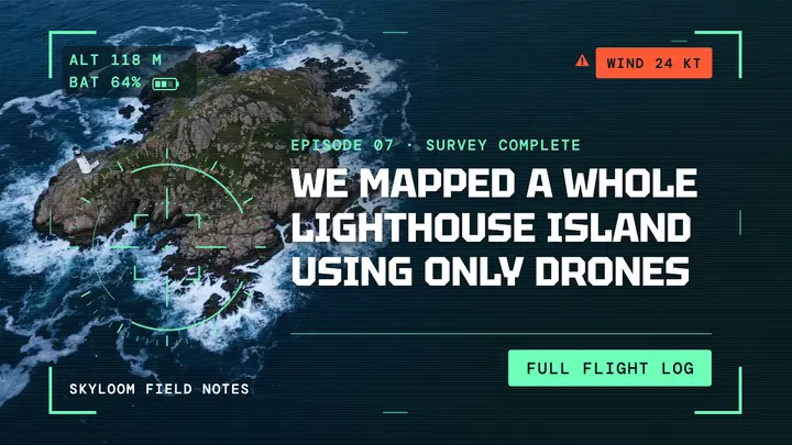 Drone-mapped lighthouse island sci-fi HUD thumbnail template