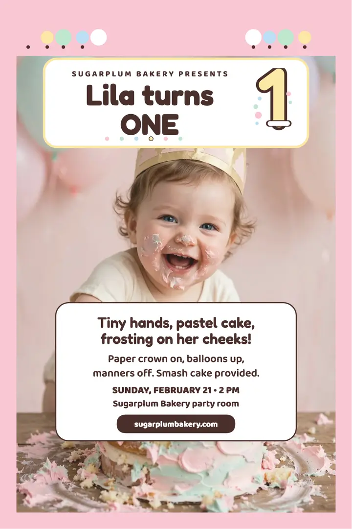 Lila turns one cake smash poster: first birthday poster template