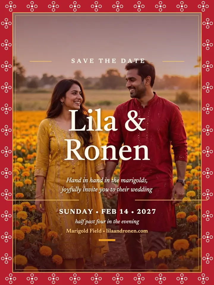 Lila and Ronen bandhani save the date: save the date portrait template