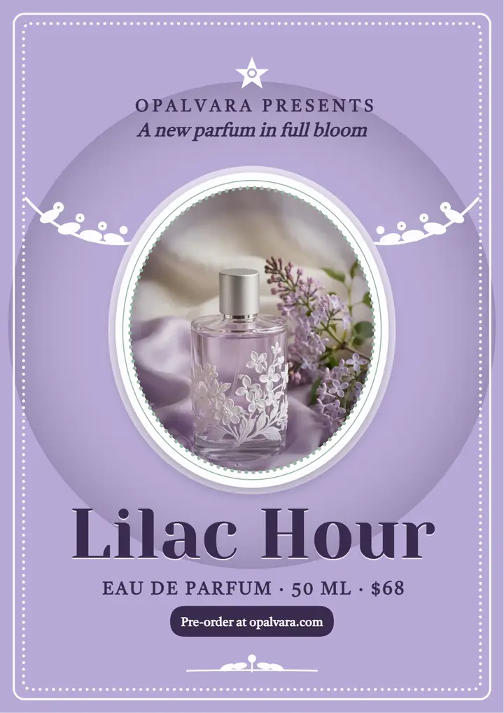 Lilac Hour perfume launch flyer: fragrance launch flyer template