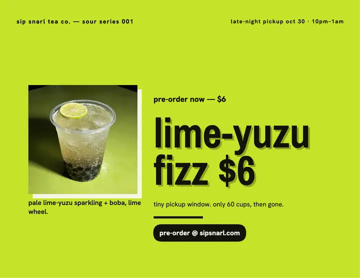 Sip Snarl lime-yuzu fizz pre-order flyer template