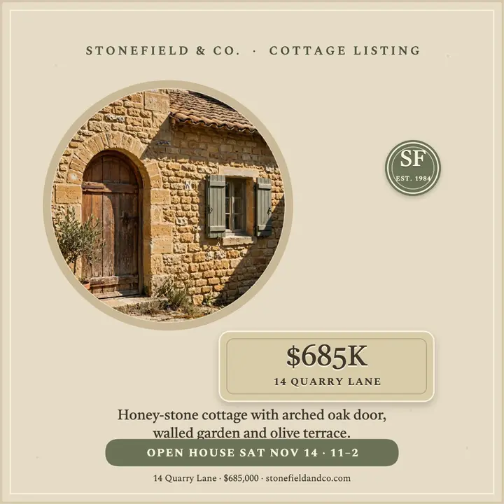 Stonefield cottage listing with carved plaque template
