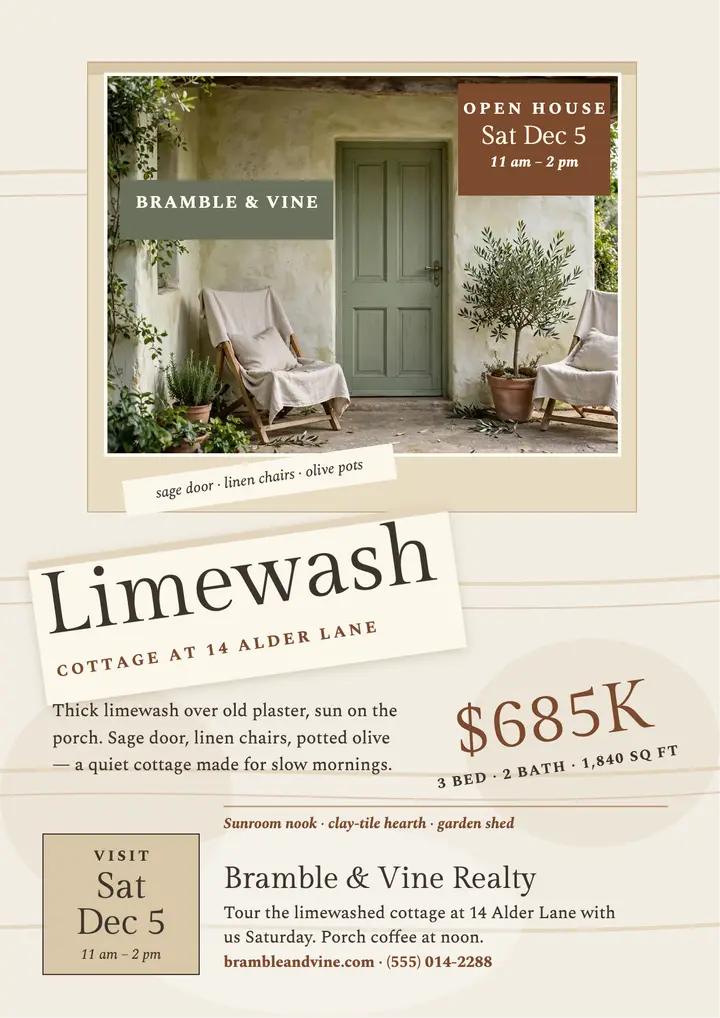 Limewashed cottage flyer, Bramble and Vine template
