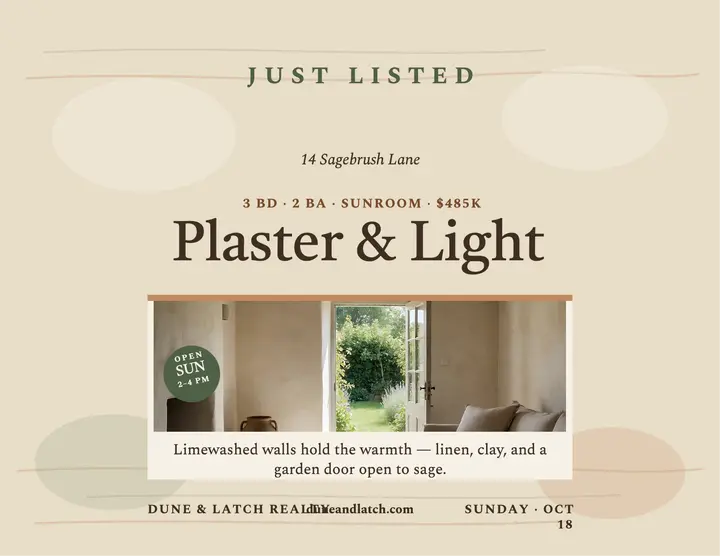 Limewashed cottage listing flyer: cottage listing flyer template