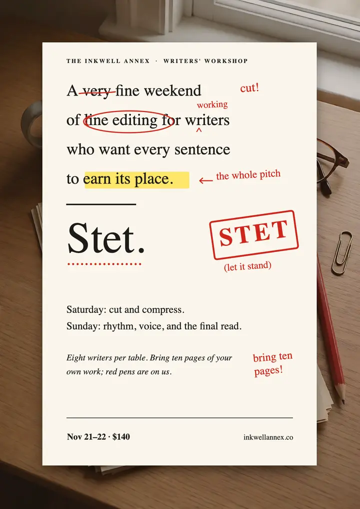 Line editing weekend workshop flyer, red-pen proof: writing workshop flyer template