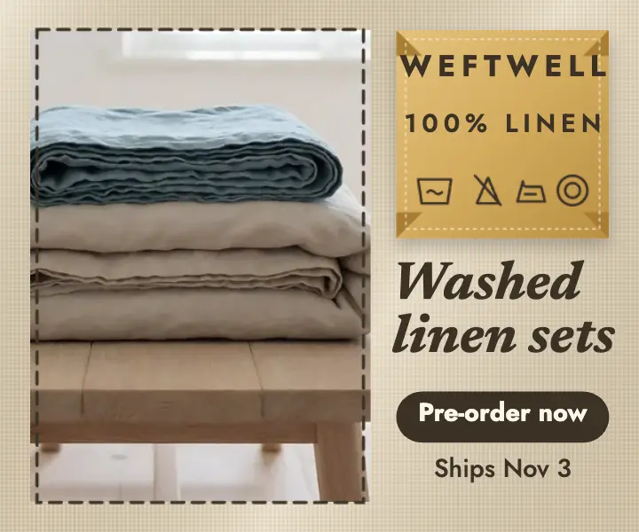 Weftwell linen bedding pre-order ad: linen bedding pre-order display ad template