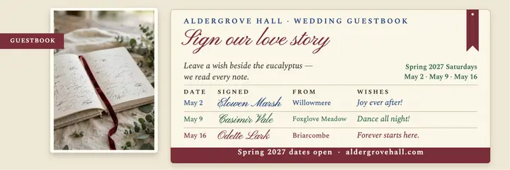 Aldergrove Hall linen guestbook header: wedding guestbook header template