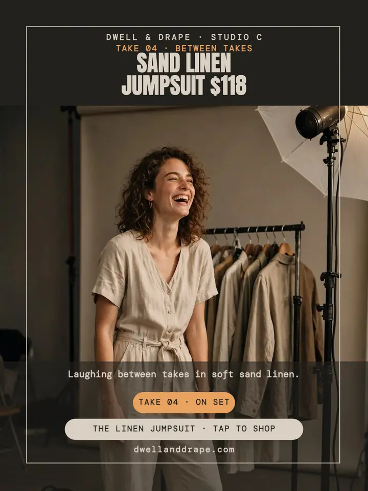 Dwell and Drape linen jumpsuit BTS portrait template