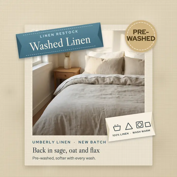 Washed linen bedding restock with woven label: linen bedding restock post template
