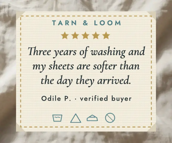 Tarn & Loom linen review woven label ad: linen bedding review ad template