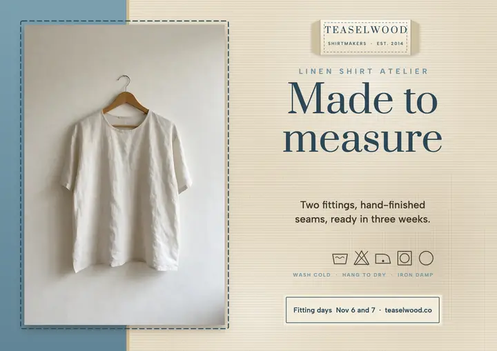 Teaselwood made-to-measure linen shirt fitting days card: made-to-measure linen shirts card template