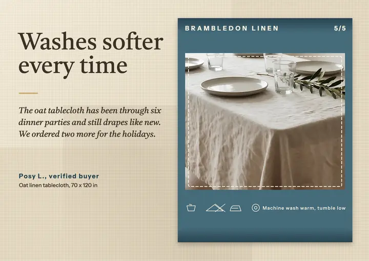 Brambledon linen tablecloth review woven label card: linen tablecloth customer review card template