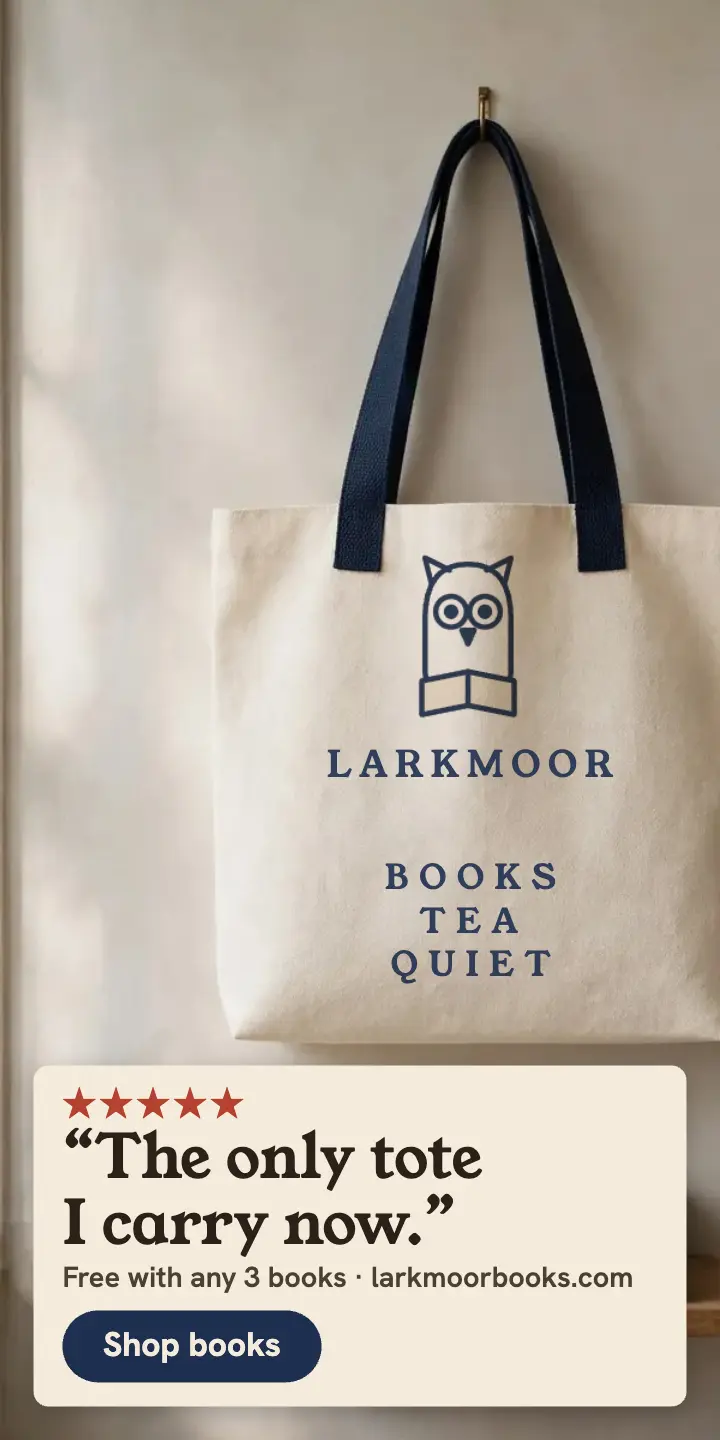 Larkmoor Books tote review half-page ad: bookshop tote review ad template