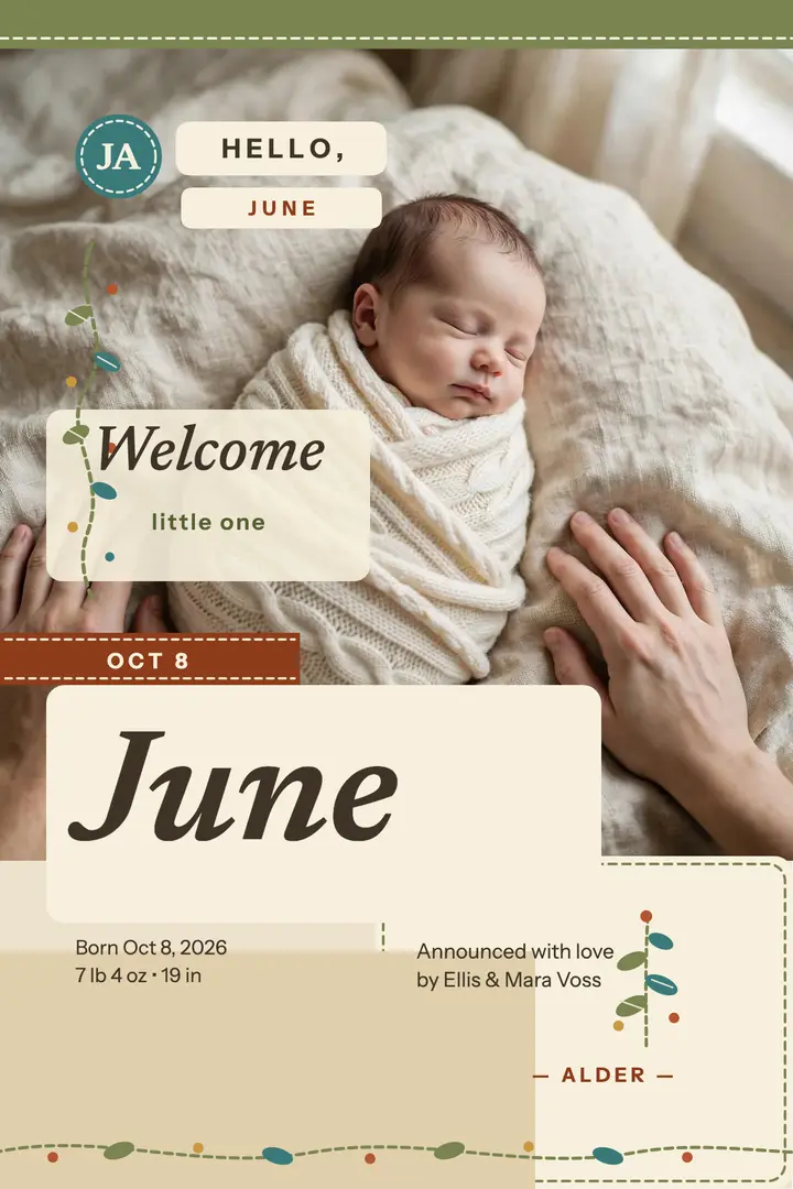 Linen welcome baby poster, June: new baby welcome poster template