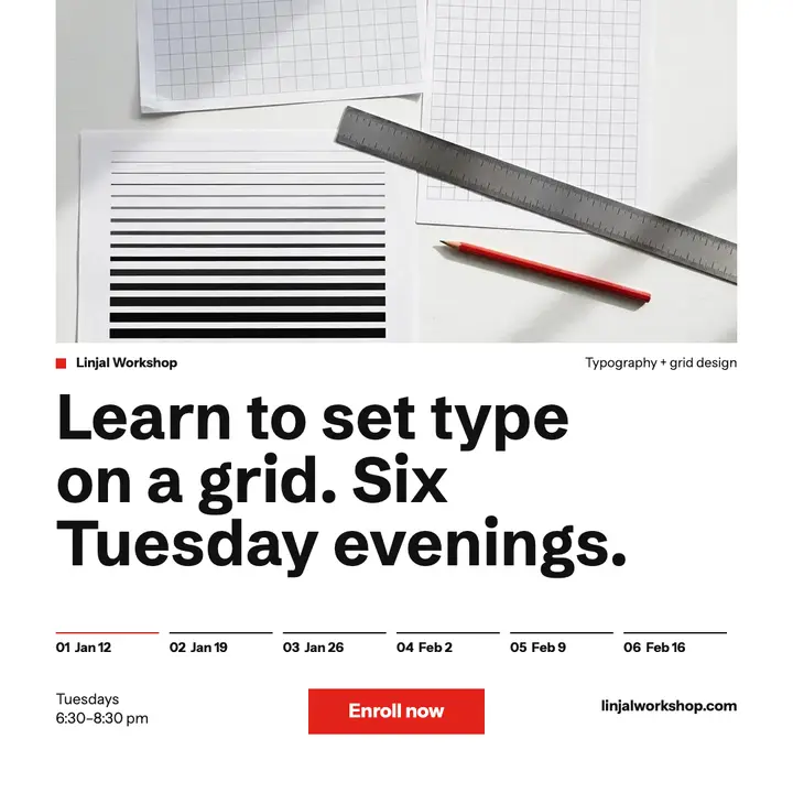 Linjal Workshop typography and grid class enrollment post template