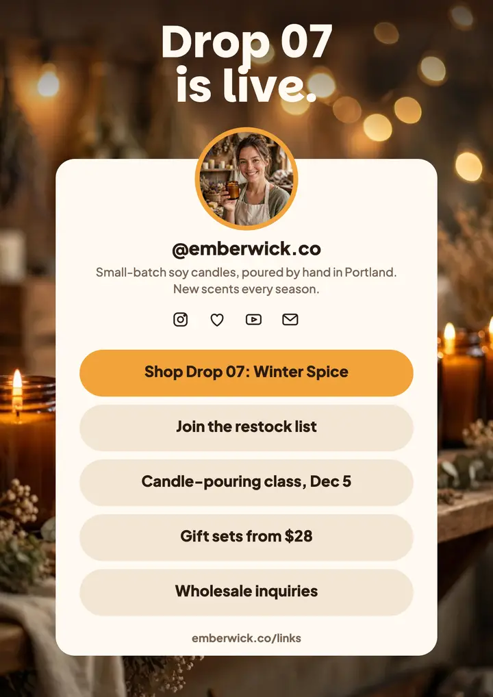 Emberwick candle drop link page flyer template