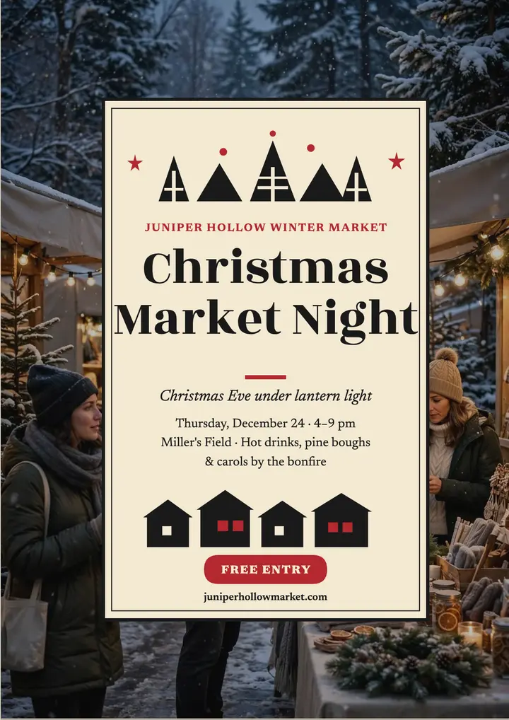 Juniper Hollow Christmas market linocut flyer template