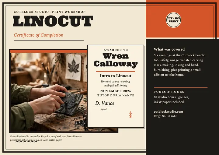 Cutblock Studio linocut course certificate template