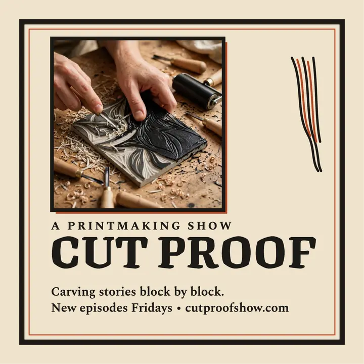 Cut Proof printmaking show linocut cover: printmaking podcast cover template