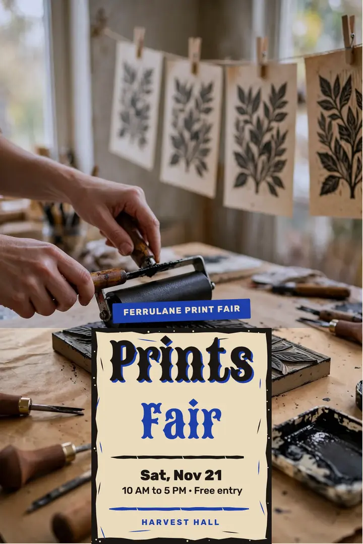Ferrulane community print fair linocut poster template