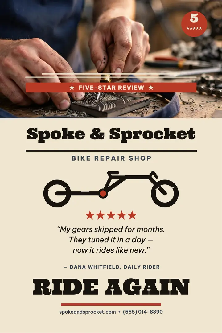 Spoke and Sprocket five-star review poster: bike repair review poster template