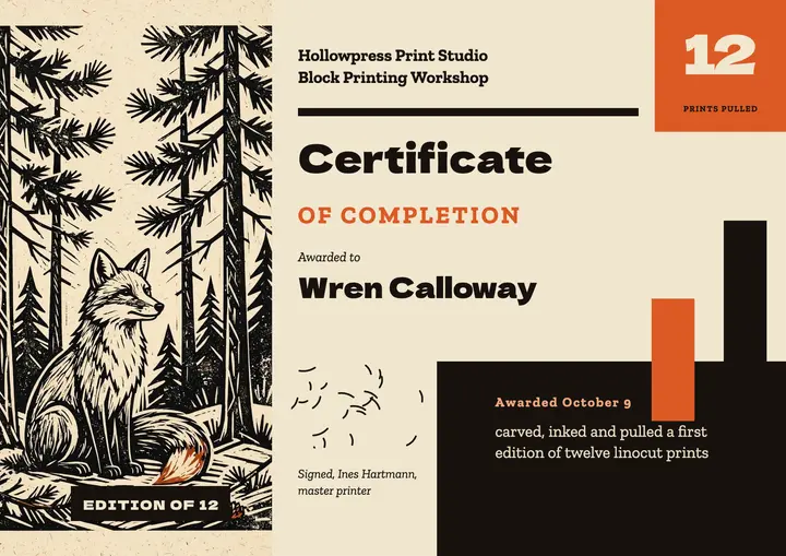 Linocut workshop completion certificate, linocut print template