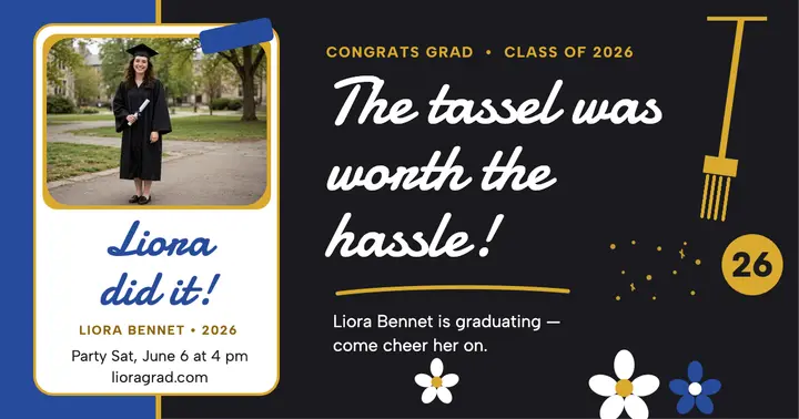 Liora Bennet glitter grad cap announcement template