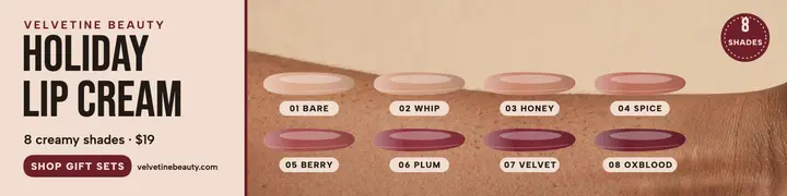 Velvetine holiday lip cream shade row template
