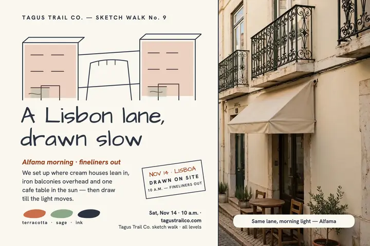 Lisbon alley sketch walk postcard template