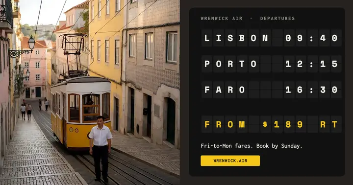 Wrenwick Air Lisbon fares post, split-flap board template