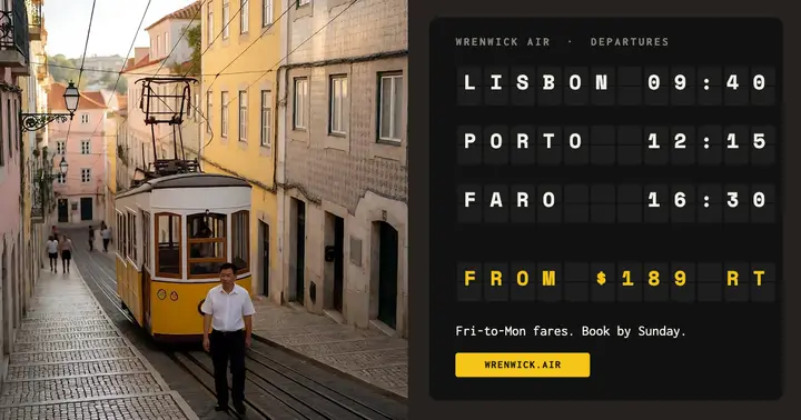 Wrenwick Air Lisbon fares post, split-flap board template