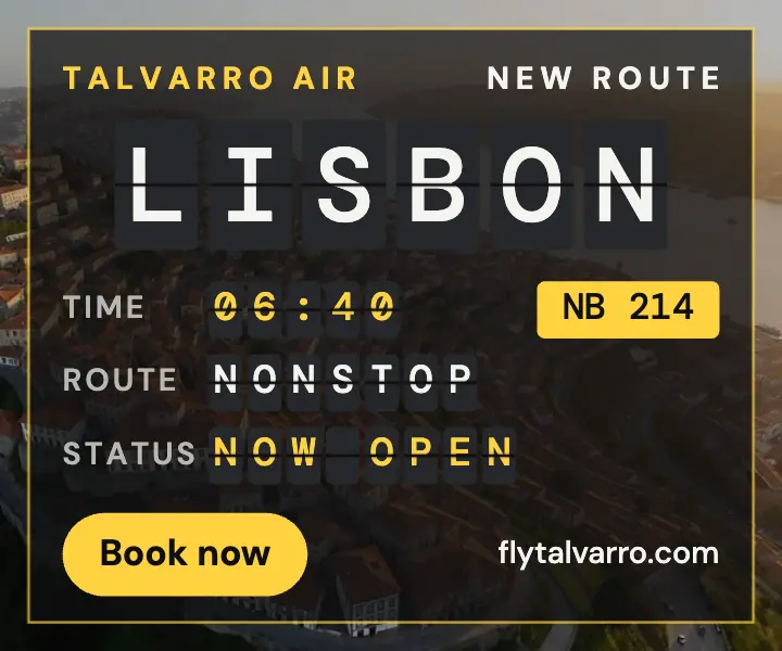 Talvarro Air Lisbon nonstop route split-flap ad template
