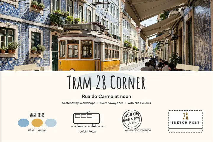 Lisbon tram corner sketch postcard: lisbon sketch postcard template