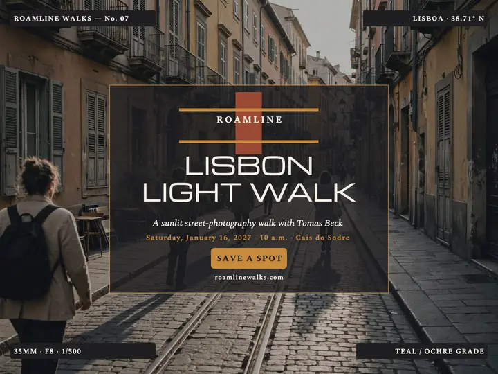 Roamline Lisbon Light Walk title slide: lisbon photo walk slide template