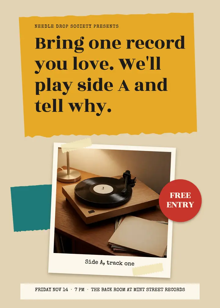Needle Drop Society listening party invitation, paper collage template