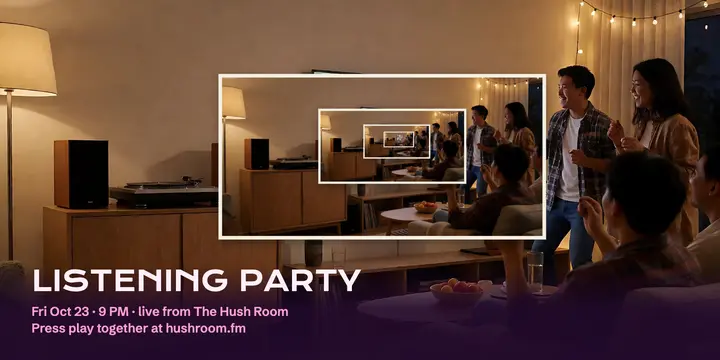 Hush Room listening party livestream post template