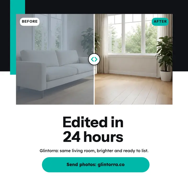 Glintorra listing photo editing before and after post: real estate photo editing post template
